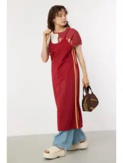 レッド キャミワンピース ストライプデザイン