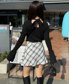 試着のみリボン付きブラックリブニット長袖