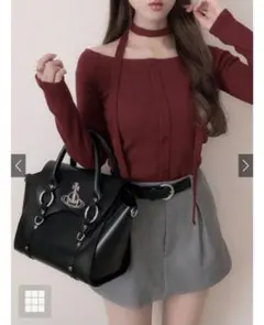 GRL チョーカー付きオフショルテレコリブトップス Mサイズ ボルドー