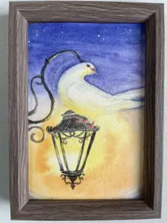 水彩画　ランタンと白鳩（夕）