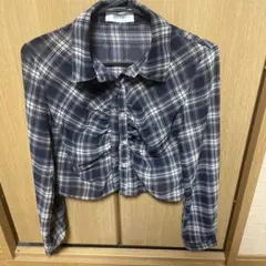 ACLENT ネイビー系チェック クロップド丈長袖シャツ