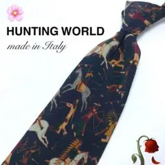 【美品】HUNTING WORLD ネクタイ 総柄 ネイビー 紺 オレンジのサムネイル