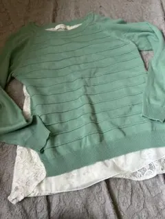 grove ミントグリーン レース切り替え長袖サマーニット M