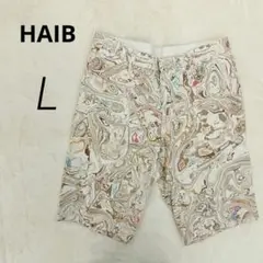 H8056【HAIB】裾サイドファスナー ハーフパンツ L アイボリー系 総柄