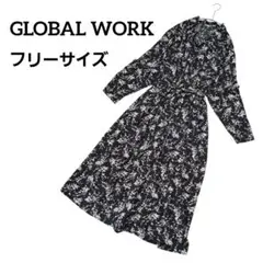 GLOBAL WORK 花柄シャツワンピース 黒 マキシ丈　羽織り　F