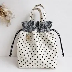 持ち手付き巾着バッグ　レース切り替え　ハンドメイド