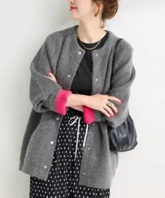 simplicite ２層スムース編みロングカーディガン　グレーピンクフォックス