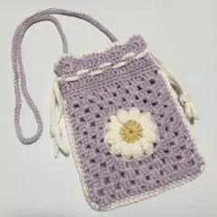 デイジーグラニースクエア　巾着バッグ　ポシェット　モチーフ　編み物　ハンドメイド