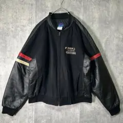 極上 カナダ製 ウール レザー 切替 ジャケット トラック企業刺繍ロゴ 黒