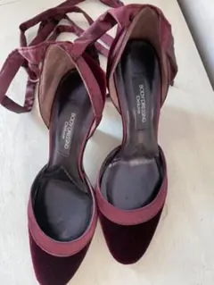 ハイヒール　リボン付き　ベロア　ウエッジソール