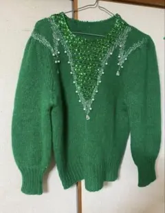 ヴィンテージ【一点】鮮やかグリーンキラキラ刺繍パールニット国産昭和レトロ