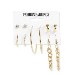 フープ×チェーン×ストーンピアスセット　ゴールド