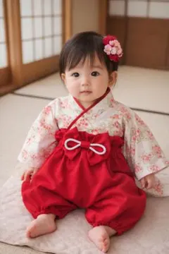 ベビー袴　桜✕赤　3ヶ月〜ひな祭り　初節句
