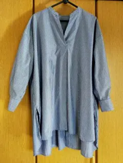 ◆美品◆大きいサイズ感◆綿混ストライプシャツチュニック◆白×ネイビー