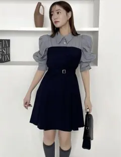 dazzlin レイヤードシャツミニワンピース ネイビー Sサイズ