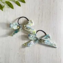 《ハンドメイド》リバティ　リボン結びヘアゴムセット　シンクオブミー　ピスタチオ