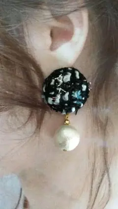 ♡ツイードコットンパール大粒♡ピアス、イヤリング♡金具無料商品