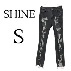 SHINE グラフィックプリント ダメージジーンズ デニムパンツ スキニー S