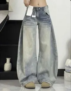 ワイドレッグ デニムパンツ ウォッシュ加工
