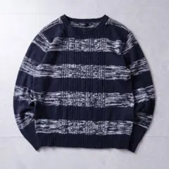 ケーブル編み ボーダーニット ネイビー LL 古着 ゆるだぼ cityboy