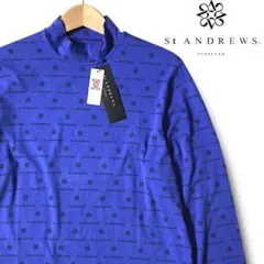 M St ANDREWS ベア天竺 ブランドロゴ総柄 長袖ハイネックシャツ 青