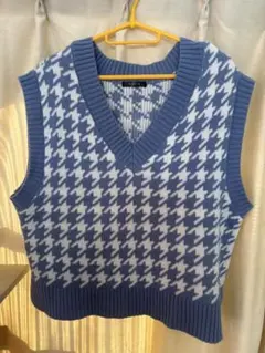 青と白のハウンドトゥースニットベスト 3L