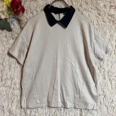 【インディヴィ】(M38)日本製衿付きTシャツ切替カットソー無地ベージュ紺通勤