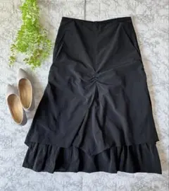 ボリュームギャザースカート 黒 ロング コットン 裾フレア モード 韓国系