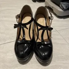 Ank Rouge 黒 エナメル ダブルリボン パンプス