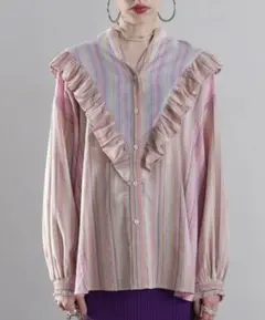 マルチカラーストライプ パネルフリルシャツ ROSE BUD