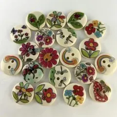 新品未使用　ウッドボタン　木のボタン　レトロなお花イラスト　20個　15mm