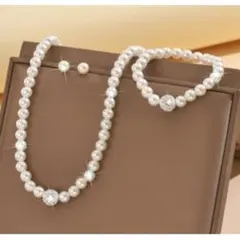 □新品 豪華 ３点 ネックレス ブレスレット ピアス 結婚式 普段使い　パール0