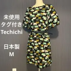 未使用・タグ付き テチチ ネイビー 幾何学模様 半袖 膝丈ワンピース M 日本製