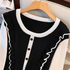 セール価格！【大きいサイズ/3L】【新品】フリル付き黒白膝丈ニットワンピース