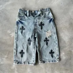 クロス刺繍 デニムパンツ ライトブルー