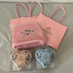 GODIVA ピンクとブルーハート缶　ポーチセット　手提げ袋のサムネイル