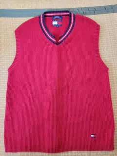 TOMMY HILFIGER 赤リブ編みベスト XL