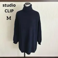 スタディオクリップ フォックス混タートルネックロングニット ネイビー Mサイズ