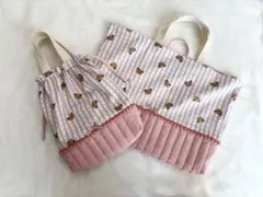 くまさん柄の大きめレッスンバッグとシューズ袋のセット　入学セット　靴袋