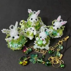 ウサギ　ビーズドール　ストラップ　チャーム　アップルグリーン　セット　品番164