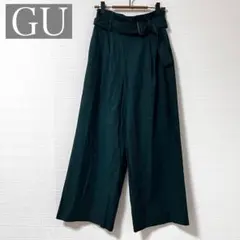 GU ジーユー 起毛ベルト付き ワイドパンツ ダークグリーン