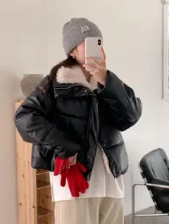 エコレザー裏シャギーボアダウンジャケット／BLACK byKOREA