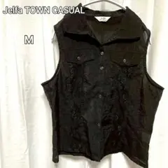 Jelfa タウンカジュアル ベスト M 黒 花柄　刺繍　しわ加工
