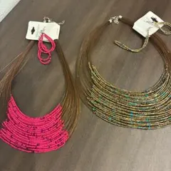 新品未使用　多層ビーズネックレス ピンク ゴールド ターコイズ2個セット