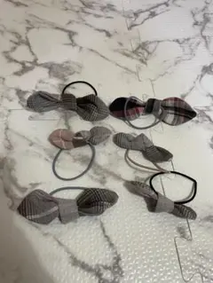 チェック柄リボン型ヘアゴム6個セット