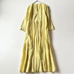ヌキテパ　コットンストライプパネルドレス　マキシ丈　イエローxブラウン