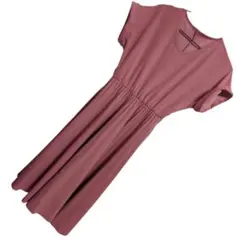 ​くすみピンク ウエストギャザー ロングワンピース フレンチスリーブ マキシ丈