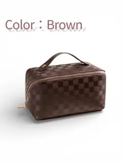 化粧ポーチ　バニティ　格子　大容量　ブラウン　メイクボックス　コスメポーチ　旅行