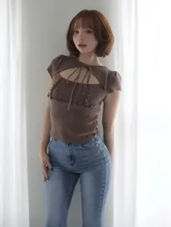 トップス andmary Fleur frill knit tops ANDMARY】Fleur frill knit tops