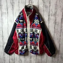【総柄ブルゾン　ナイロンジャケット】80s 90s☆フリース切り替え☆M☆北欧